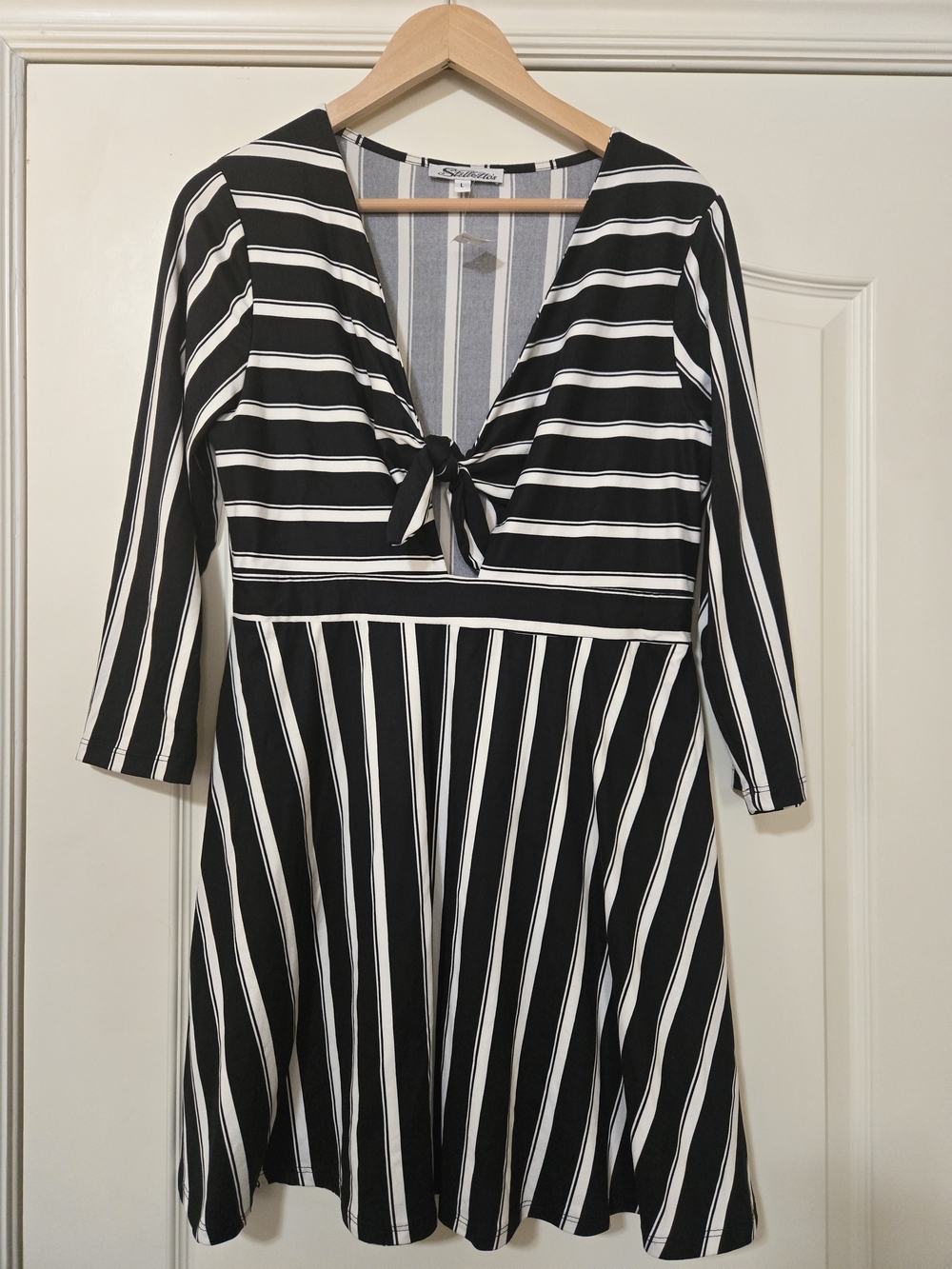 Black & White Striped Tie-Front Mini Dress Soft Comfy